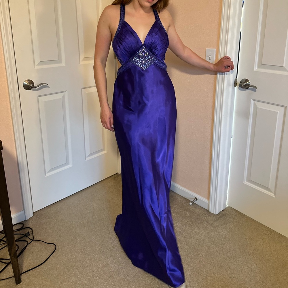 Vintage Y2K Morgan & Co Formal Wedding Prom Dress Gown Deep Purple Open Low Back